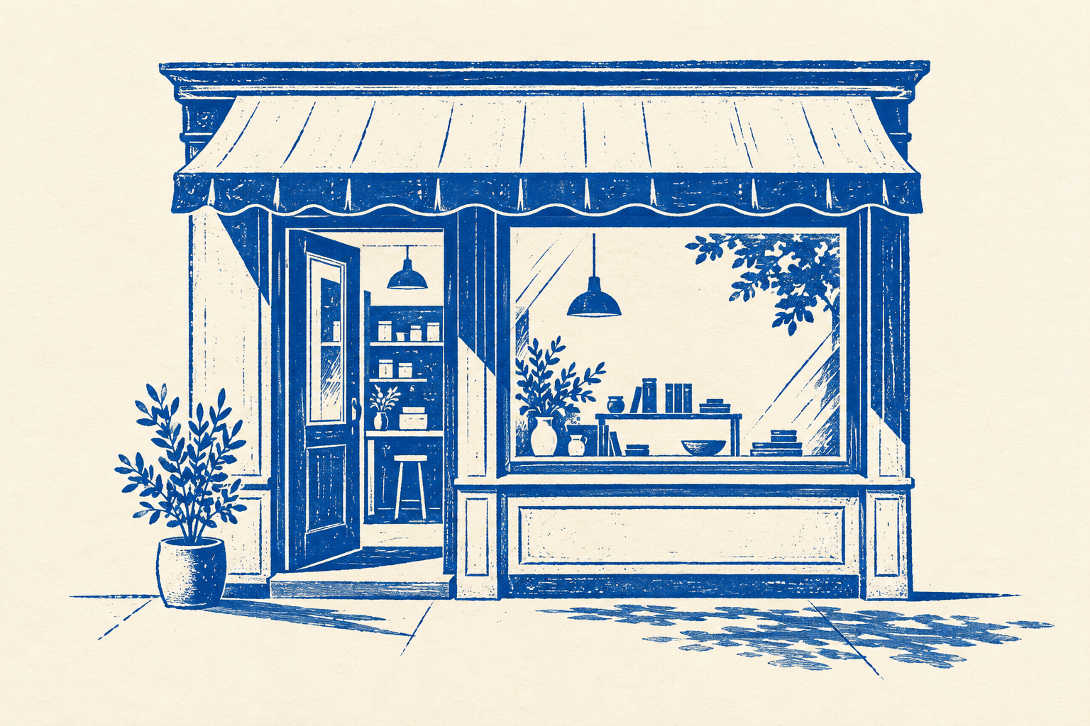 Blue print illustration of a neighborhood storefront with an open doorway